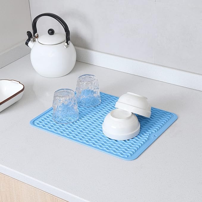 Silicone Dish Drying Mat for Multiple Usage,Easy clean,Eco-friendly,Heat-resistant Silicone Mat for Kitchen Counter or Sink,Refrigerator or drawer liner Light Blue L 16 inches x 12 inches - Bloomnest