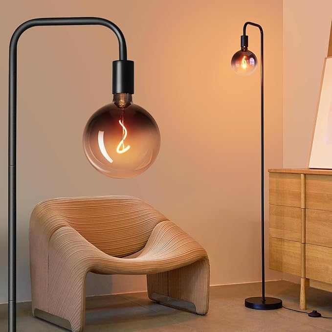 ONEWISH Floor Lamp for Living Room - Minimalist Industrial Standing Lamp with Modern LED Bulb, Globe Black Clear Glass 6", 1800K Warm Ambiant Lighting Decorative Tall Floor Lamp for Bedroom Office - Bloomnest