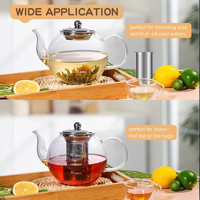 Glass Teapot, Zpose 40oz/1200ml Tea Pot with Removable Stainless Steel Infuser, Clear Glass Tea Kettle with Scale Line, Stovetop Safe Teapot for Blooming Tea & Loose Leaf Tea, Gift Box for Tea Maker - Bloomnest