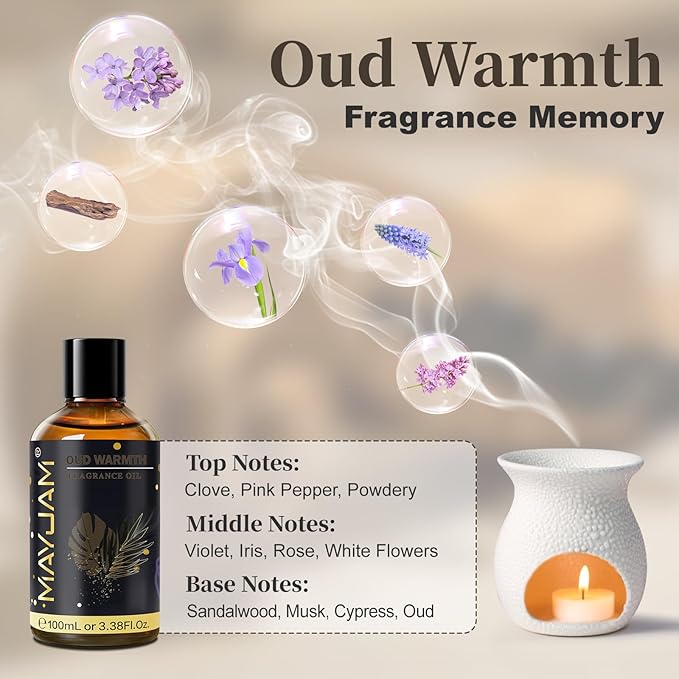 Oud Warmth Fragrance Oil Essential Oil, MAYJAM 3.38FL.OZ Oud Warmth Oil for Diffusers for Home, Long Lasting Scented Oils for Soap Candle Making - 100ML MAYJAM