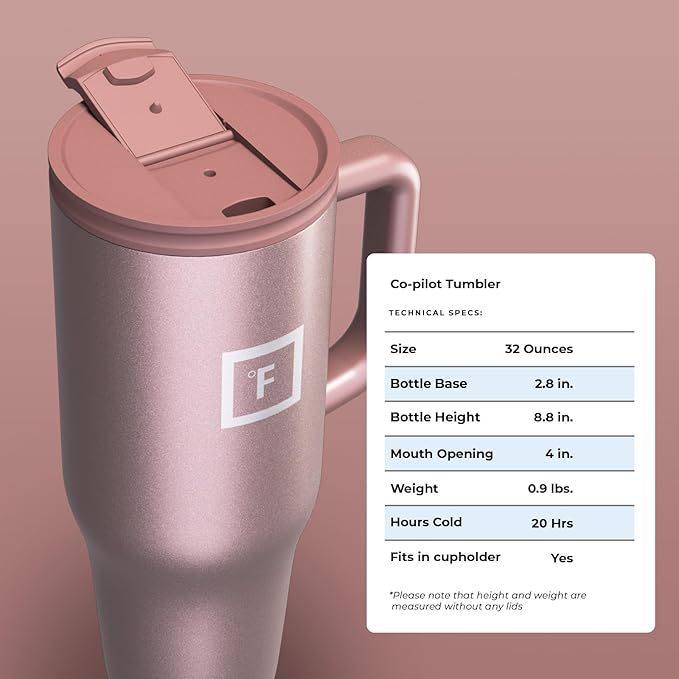 IRON °FLASK Co-Pilot Insulated Mug w/Straw & Flip Cap Lids - Cup Holder Bottle for Hot, Cold Drink - Leak-Proof - Water, Coffee Portable Travel Mug - Rose Gold, 32 Oz - Bloomnest