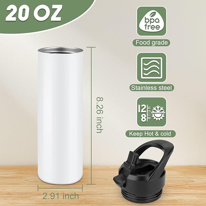 8 Pack 20oz Sublimation Tumbler Set Triple-Insulated Stainless Steel Sports Water Bottle with Straw Lid Blank Sublimation Cup with DIY Stickers, Shrink Wrap, Rubber Base, Heat Tape for Heat Transfer - Bloomnest