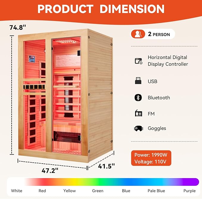 Full Spectrum Infrared Sauna, 2 Person Home Sauna with Red Light Therapy, 15 Minutes Pre-Warm up Indoor Dry Saunas with 2-in-1 Door Handle, 7 Color Light Belts, Canadian Hemlock, 110V BNEHSDirect