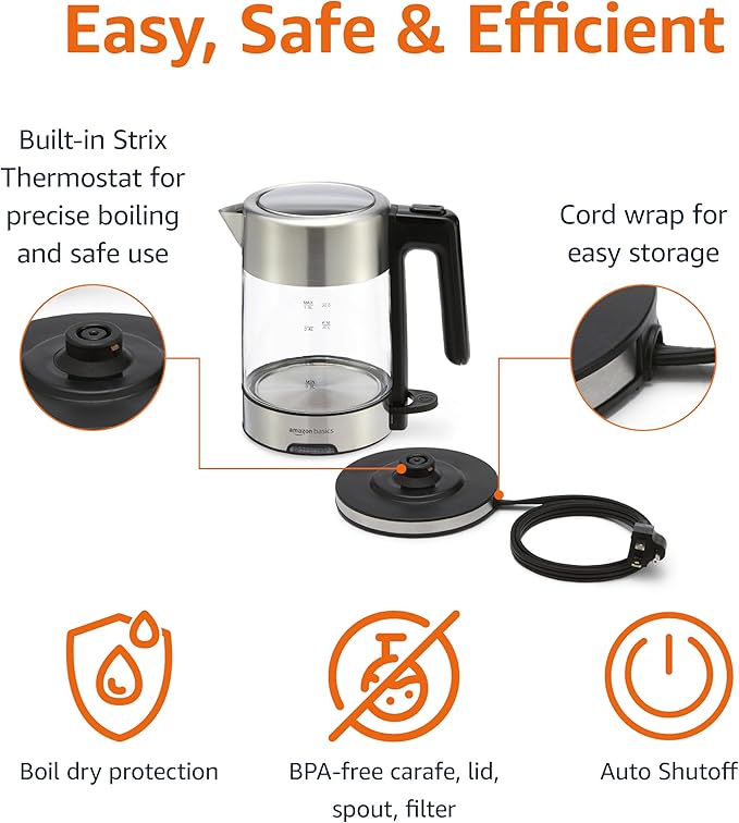 Amazon Basics Electric Kettle with Glass Carafe for Tea and Coffee, BPA-Free, Fast Boiling, Auto Shut-Off, 1.1 Quarts, 1500W, Glass and Steel - Bloomnest