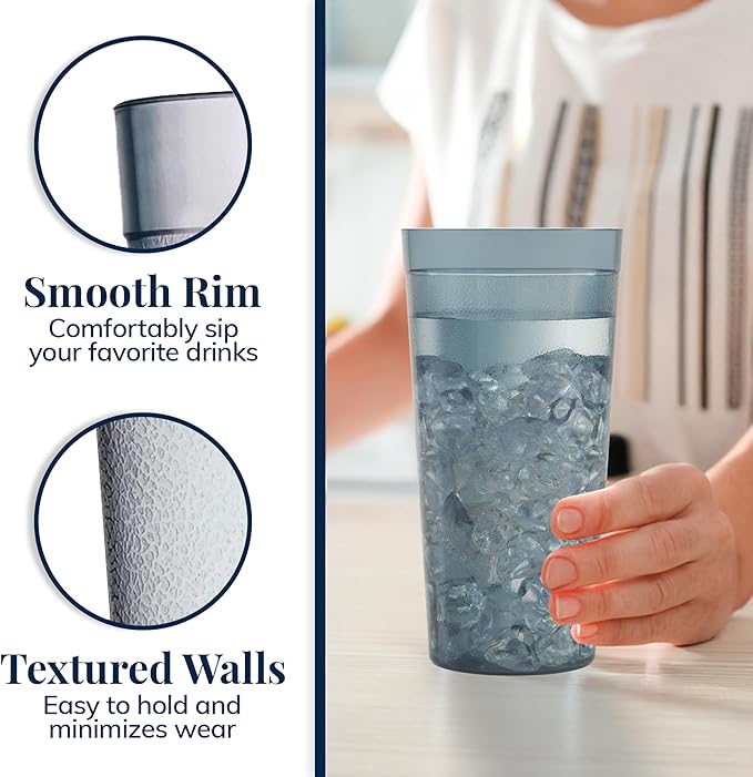 US Acrylic Cafe Plastic Reusable Tumblers (Set of 16) 20-ounce Water Cups in Grey | Value Set of Restaurant Style Drinking Glasses, Stackable, BPA-free, Made in the USA | Top-rack Dishwasher Safe - Bloomnest