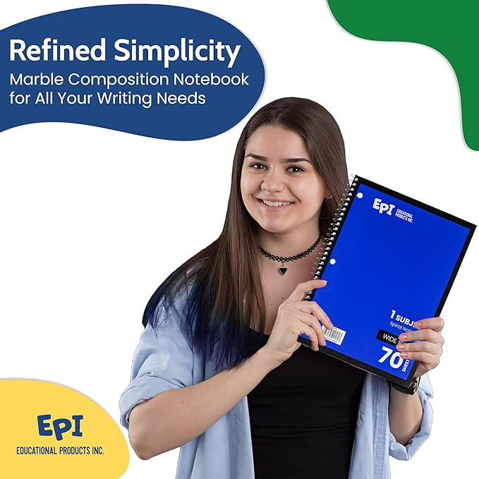 EPI Spiral Notebook | Wide - 70 Sheets, Durable Spiral Binding | 10.5 x 8 in | Classroom Supplies | School, Office, Note Taking, Journaling - 6 Pack - Bloomnest