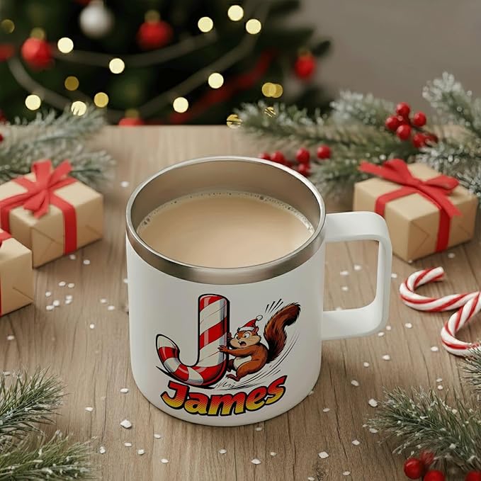 JugJug Personalized Christmas Mug with Candy Cane Initial - Cute Squirrel 12oz Insulated Coffee Cup w/Lid - Sweet Xmas Gifts for Kids, Boys (B177) - Bloomnest