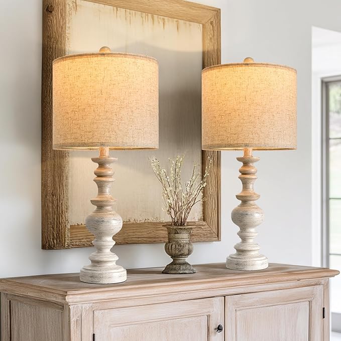 BOBOMOMO 24" Farmhouse Resin Table Lamp Set of 2, Vintage Lamps for Living Room Bedroom with Linen Shades, Traditional Rustic Bedside Lamps Retro Table Lamps for Living Room, Bedroom, Office - Bloomnest