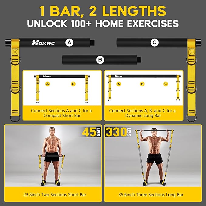 Pilates Equipment, Portable Pilates Bar Kit with Resistance Bands, Professional Adjustable Heavy Duty Squat Workout Equipment for Men, Home Gym Muscle Strength Training, Full Body Exercise - Bloomnest