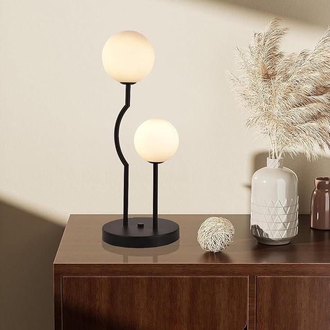 Black Mid Century Globe Table Lamp Industrial Retro 2 Lights Orb Desk Lamp with White Glass Globe Bedside Reading Light for Bedroom Living Room Study Room - Bloomnest