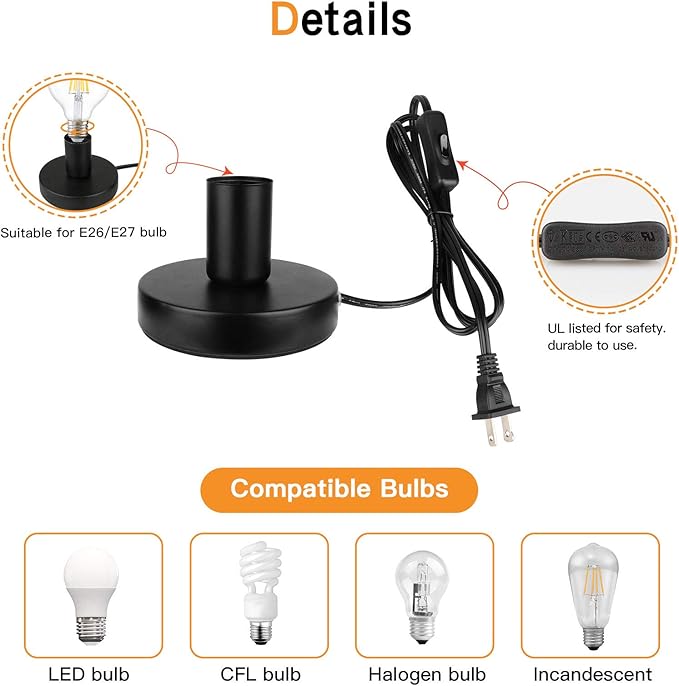 Helunsi Industrial Table Lamp Base, E26 E27 Lamp Base Without Shade, Mini Short Desk Lamp Exposed Bulb Base, Simple Metal Edison Light Bulb Stand, with 5.8ft Cord Switch Plug Bulb Base Holder (Black) - Bloomnest