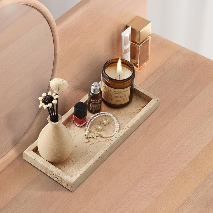 Real Natural Small Marble Tray for Bathroom, Vanity, Kitchen and Desktop, Rectangle Genuine Marble Stone Tray for Jewelry, Cosmetics, Candles, Lotion, Perfume and Home Decor