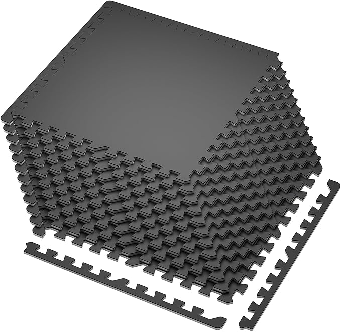 SUPERJARE 0.4'' Thick 12 Pcs 48 Sq Ft Rubber Top Exercise Equipment Mats, High Density EVA Foam Mats with Rubber Top, Interlocking Gym Flooring for Home Gym, Protective Workout Mat, Black - Bloomnest