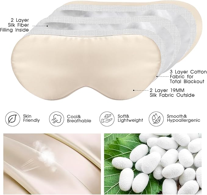 100% Mulberry Silk Eye Mask for Sleeping with Silk Wrapped Adjustable Strap,Beige - Bloomnest