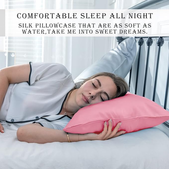 Mulberry Silk Pillowcase for Hair and Skin Standard Size 20"X 26" Pillow Case with Hidden Zipper Soft Breathable Smooth Cooling Silk Pillow Covers for Sleeping (Pink,Standard,1Pcs) - Bloomnest