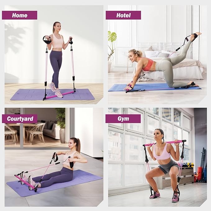 Upgraded Pilates Bar Kit with Resistance Bands Natural Latex for Women & Men, Heavy-Duty Stainless Steel Multifunctional Yoga Pilates Stick for Home Gym Exercise Fitness Equipment Full-Body Workouts - Bloomnest