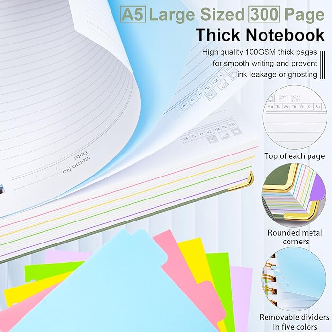Hardcover Spiral Notebook 5.7"x 8.2" Journal Notebook with Tabs and Removable Dividers 300 Pages 5 Subject Notebook College Ruled, Faux Leather Spiral Bound Notebook for Women School Work (Sage Green) - Bloomnest