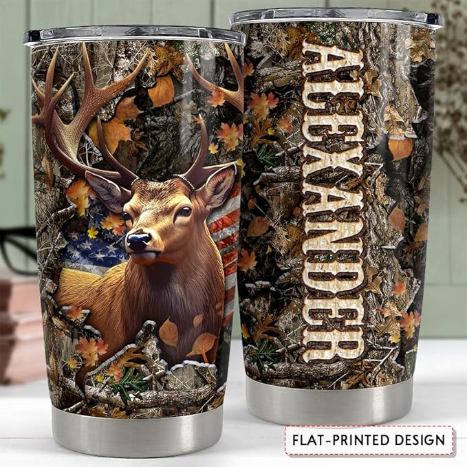 SANDJEST Personalized Deer Hunting Tumbler 20oz 30oz Insulated Tumblers with Lid Coffee Travel Mug Cup Hunter American Flag Hunting Gifts for Men Birthday - Bloomnest