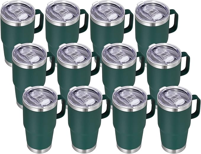 VEGOND 20 oz Tumbler Bulk with Handle Lid and Straw, Stainless Steel Insulated Travel Coffee Mug Set, Spill Proof Double Wall Metal Tumblers Cups, Dark Green 12 Pack - Bloomnest