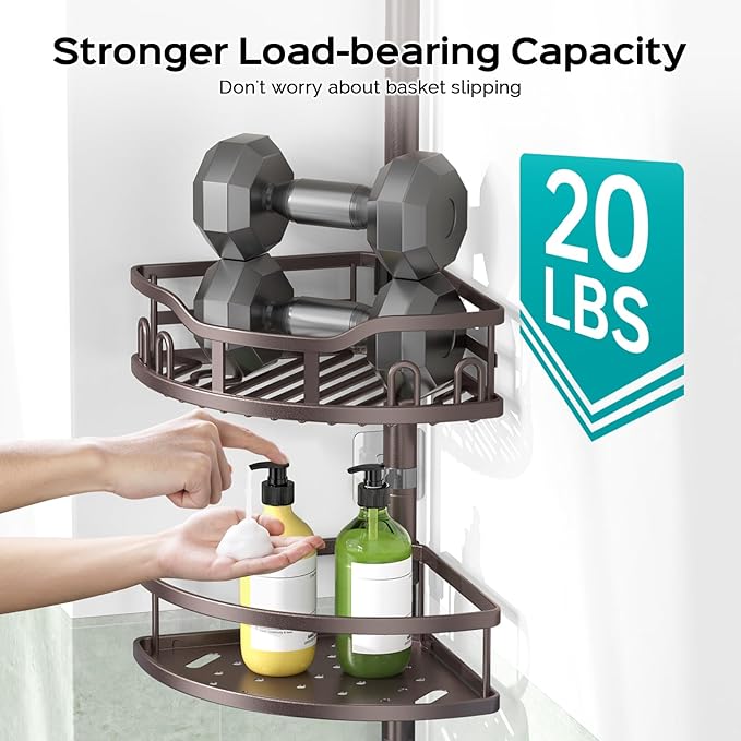 HAMITOR Corner Shower Caddy Tension Pole: Rustproof Stable 4-Tier Bathroom Organizer Shelves for Bathtub Shampoo Storage - 47-121 Inch Quick Install Adjustable Standing Rack with Soap Rack - Bronze - Bloomnest
