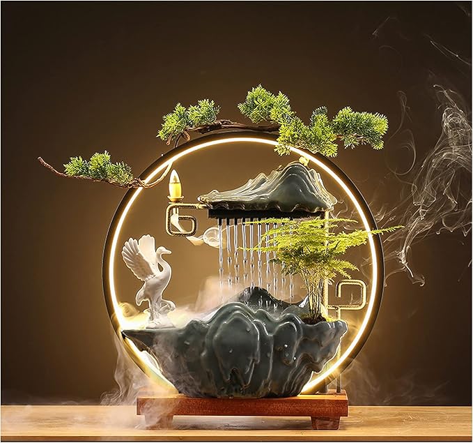 Crane Tabletop Water Fountains Indoor Waterfall with LED Light Mist Desk Fountain for Feng Shui Wealth Boom with Mist and Backflow Incense Holder for Meditation Planting - Bloomnest