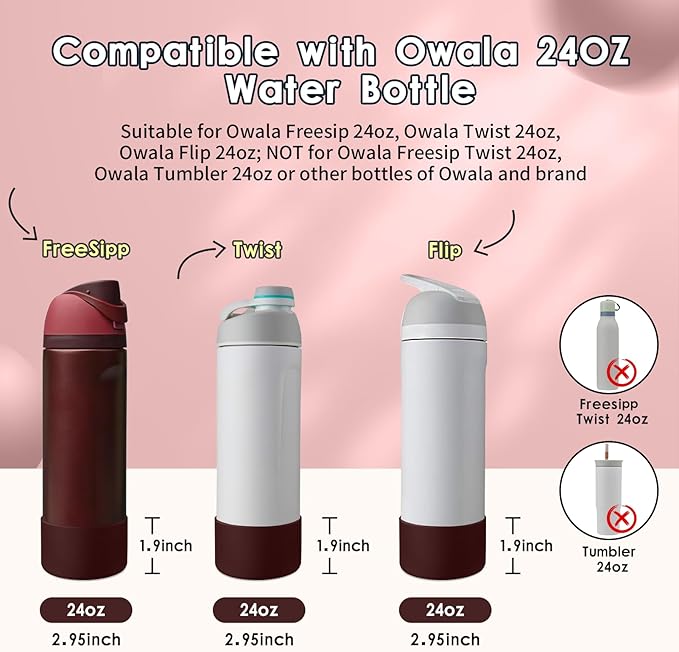 2PCS Silicone Water Bottle Boot, Compatible with Owala 24oz 32oz 40oz, Protective Anti-Scratch & Anti-Dent No Noise Sleeve Cover for FreeSip/Twist/Flip Water Bottles (Black Cherry, 24oz) BKBY