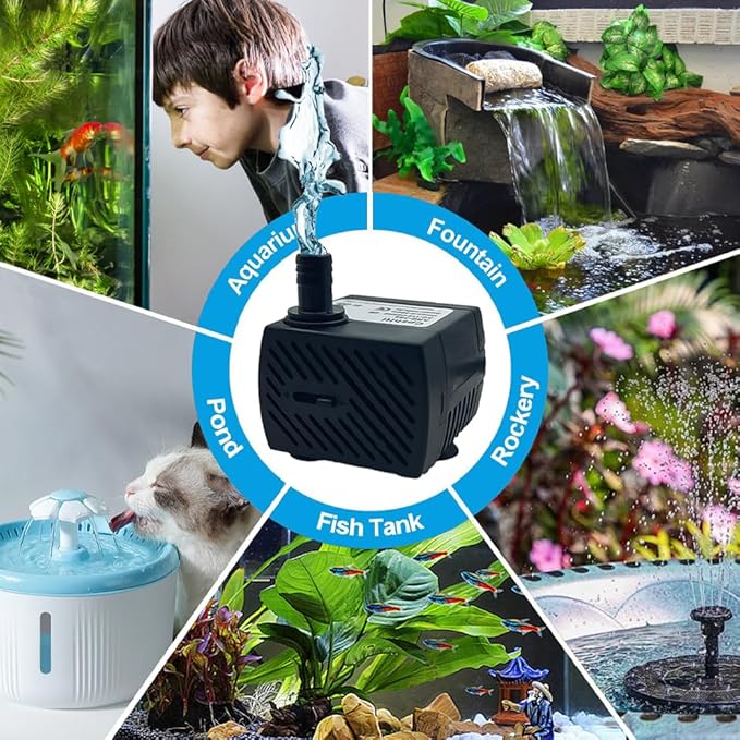 95GPH ultra-quiet small fountain pump (350L/H, 5W), 3.3-foot water pipe, adjustable flow small water pump, suitable for fish tanks, water features, pet fountains, outdoor fountain pumps - Bloomnest
