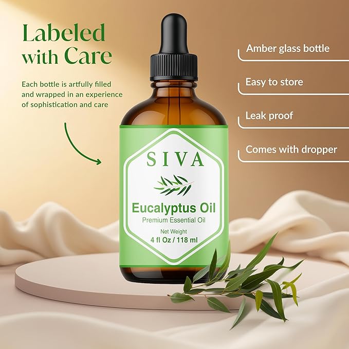 Siva Eucalyptus Essential Oil - 4 Fl Oz – 100% Natural Eucalyptus Oil - for Diffuser, Face, Skin Care, Aromatherapy, Hair Care, Scalp and Body Massage - with Dropper - Bloomnest