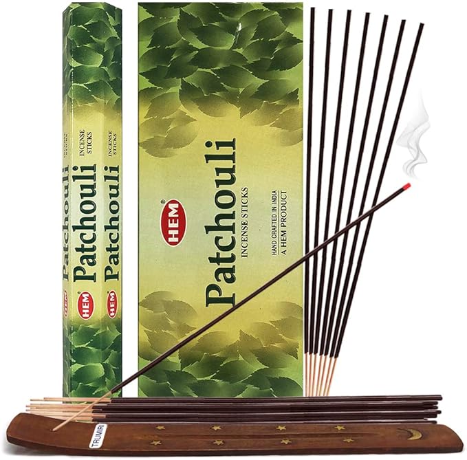 TRUMIRI Patchouli Incense Sticks and Incense Stick Holder Bundle: 1 Set of 6 Packets, 120 Pieces, 6 Incenses per Packet TRUMIRI