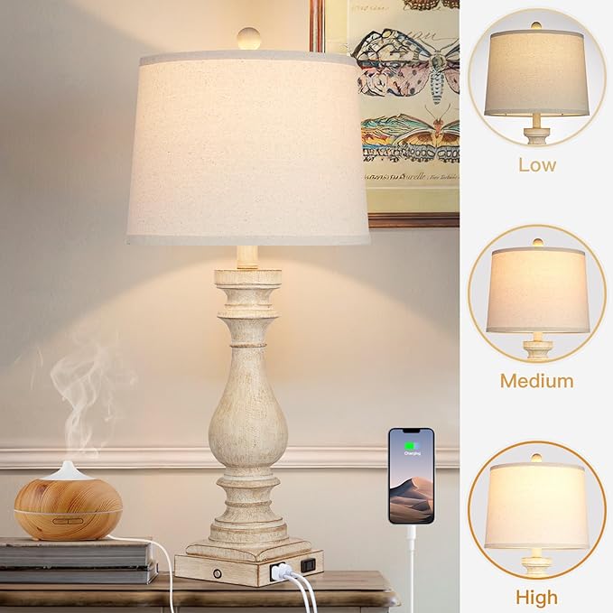 29" Tall Table Lamp for Living Room Set of 2,Vintage Bedside Nightstand Lamps with USB C+A Ports & AC Outlet,3-Way Dimmable Touch Control Desk Lamp for Bedroom,Color 1 - Bloomnest