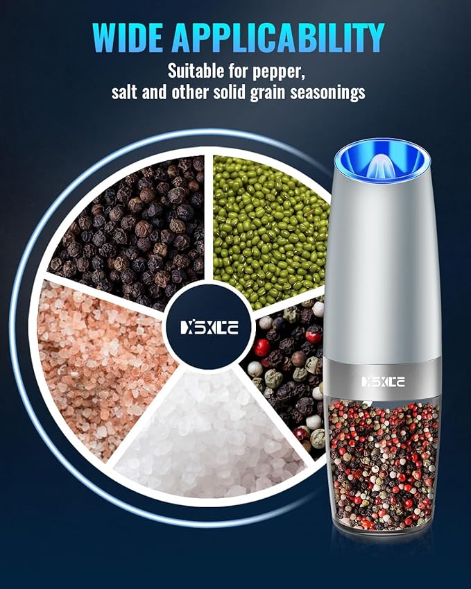 XinXu Gravity Electric Pepper and Salt Grinder Set, Adjustable Coarseness, Battery Powered with LED Light, One Hand Automatic Operation -Light Grey/2 Pack - Bloomnest