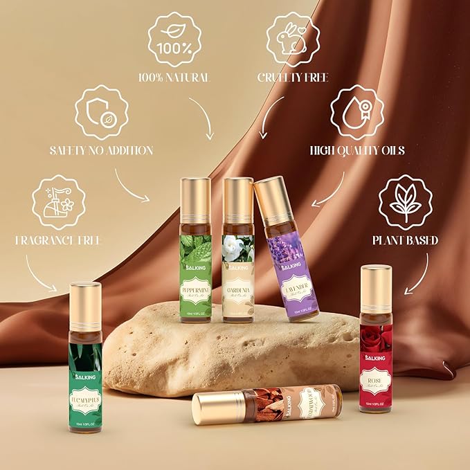 SALKING Essential Oils Roll On Set (6 Pack), Aromatherapy Oil with Roller Ball for Skin Use, Natural Fragrance Gift for Women and Men - Sandalwood, Eucalyptus, Peppermint, Lavender, Rose, Gardenia - Bloomnest