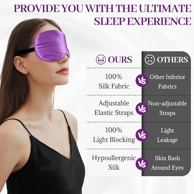 Silk Sleep Mask Eye Cover, 100% Mulberry Silk Women Men Eye Mask for Sleeping Blackout with Adjustable Straps, No Pressure Soft Blindfold Night Eye Shade, Eyemasks for Travel (Purple)
