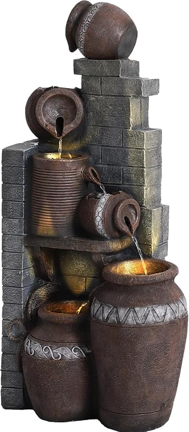 6-Tiers Garden Waterfall Fountain Outdoor - 31’5''H Water Fountains and Waterfalls, Large Outdoor/Indoor Floor Standing Resin Water Fountain with LED Light for Patio, Garden and Home (31.5”H) - Bloomnest