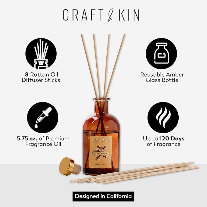 Craft & Kin Sage, Orange Blossom & Lotus Reed Diffuser | All Natural Essential Oil & 8 Rattan Scent Sticks | Reed Diffusers for Home, Bathroom | Long Lasting Home Fragrance in Amber Glass, 5.75oz CraftKin