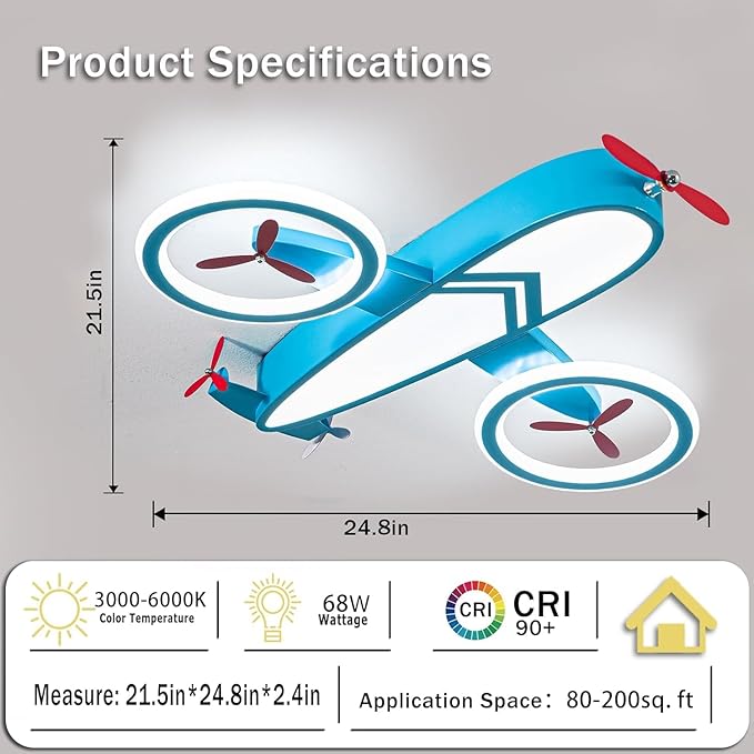 Kids Ceiling Lights for Bedroom Blue Airplane Light Fixture Mount 24.8" Kitchen Ceiling Light Fixtures 3000K-6000K with Remote 68W Flush Mount LED Lamp for Kids Room - Bloomnest