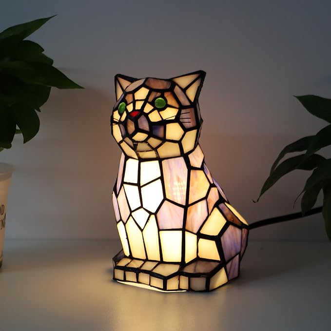 Tiffany Cat Lamp Blue and White Stained Glass Animal Table Lamp Accent Lamp - Bloomnest