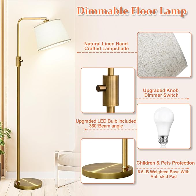 Nintiue Dimmable Floor Lamp, 1000 LM LED Edison Bulb Included, Arc Floor Lamps for Living Room Modern Standing Lamp Tall Lamps for Living Room Bedroom-Brass - Bloomnest