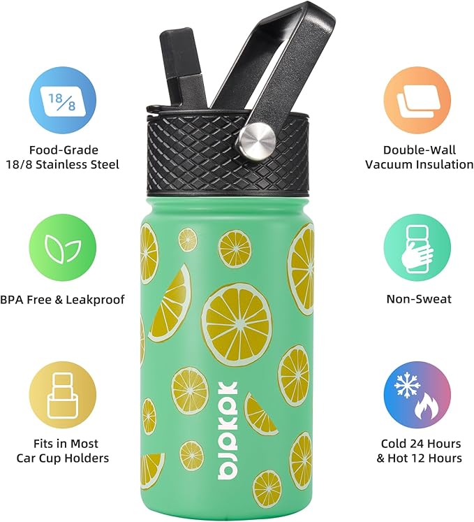 BJPKPK Water Bottle with Straw Lid, 15 oz Insulated Water Bottle, Stainless Steel Metal Water Bottles, Reusable Leak Proof BPA Free Thermo, Flask, Cups, Elegant Lemon - Bloomnest