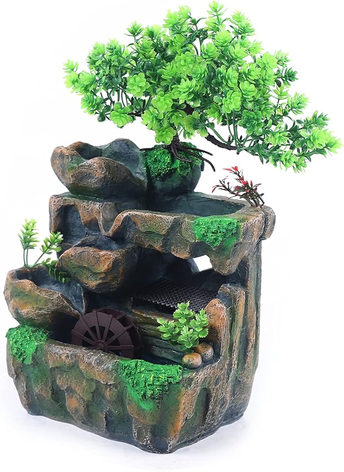 110V Small Rockery Water Fountain Indoor Desktop Resin Waterfall Fountain with LED Lights, Desktop Fountain Waterfall with Rockery, Desktop Ornament for Living Room, Office Decoration