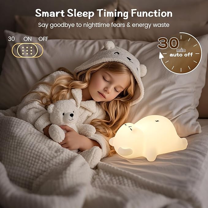 Sleepy Snoring Bear Night Light,Novelty Nursery Nightlight for Kids, Dimmable/Timer/Rechargeable USB-C, Food-Grade Silicone LED Squishy Animal Bedside Lamp,Funny Gifts for Boys Girls Baby,Room Decor - Bloomnest