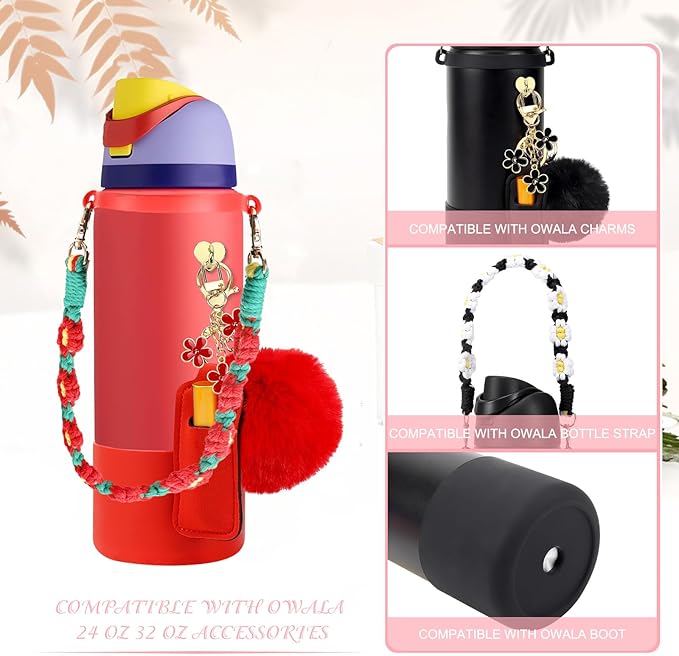 Compatible for Owala Accessories Bundle: Silicone Boot for 24oz & 32oz Bottles, Charms, Handle, Strap, Rubber Bottoms, and Decorative Add-ons for Your Compatible for Owala Water Bottle, Red Bloomnest