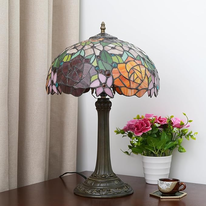 Tiffany Lamp Bedside Table Lamp-Nightstand,Stained Glass Lamp for Bedroom Dorm Living Kitchen, Aesthetic Cute Home Decor Gift (Rose Flower) - Bloomnest