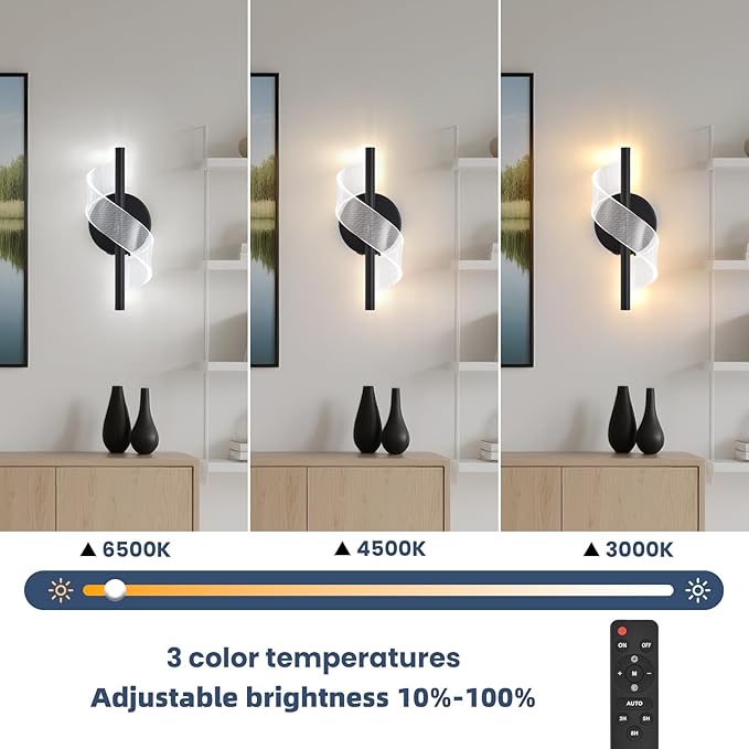 Cordless Wall Sconces Set of 2, Helical Wireless Rechargeable Battery Wall Light with Remote Control Dimmable. Portable Lighting for Wall Painting, Living Room, Bedroom, Night Light. 11.8''Black - Bloomnest