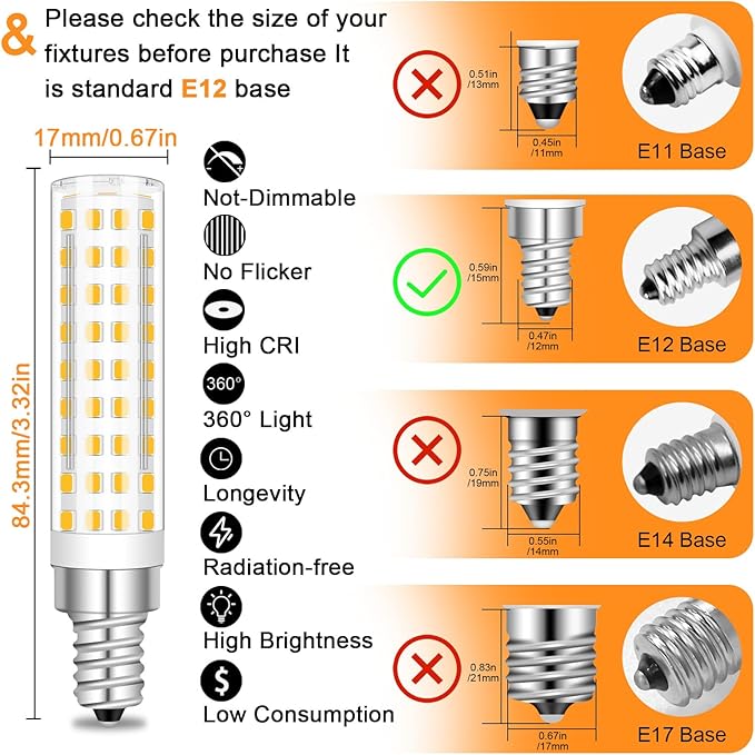 E12 Led Bulbs Replacement 120V 100W Halogen Candelabra, E12 10W T6 Warm White 3000K Non-dimmable Energy Saving for Candelabra,Ceiling Fan, Table Cabinet Lighting, Pack of 3 - Bloomnest