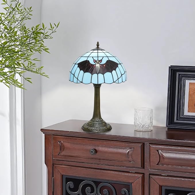 Tiffany Lamp Stained Glass Lamp 12 Inch Tiffany Style Blue Background With Black Bats Bedside Lamp Classical Art Decor Bedroom Living Room Dining Dormitory Table Vintage Home Decor The Ideal Gift - Bloomnest