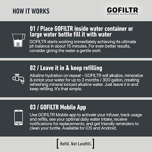 GOFILTR Jumbo Magnesium Alkaline Water Infuser - 9.5 pH + Electrolytes for Any Large Water Bottles/Pitchers, 300 Gallon / 3 Months, Ionized Mineral Alkaline Water Infuser (1 Pack) - Bloomnest