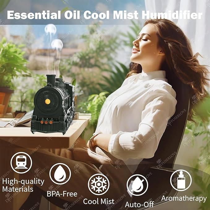 Diffuserlove Essential Oil Diffuser 300ML Train Cool Mist Humidifier Quiet Aromatherapy Diffuser with Night Light for Bedroom Desk - Bloomnest