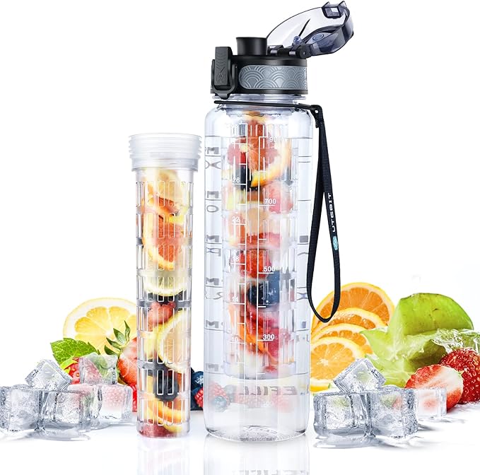 UTEBIT 32 OZ Fruit Infuser Water Bottle, Insulated Sports Water Bottle With Straw, 1L BPA Free Leak Proof Tritan Large Water Jug with Strap for Gym, Camping, Travel, Outdoor - Bloomnest