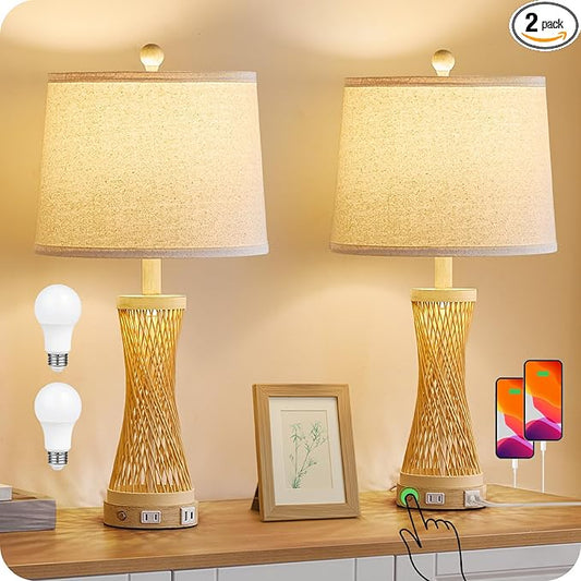 24.4”Farmhouse Rattan Table Lamps Set of 2, Touch Bedside Lamps for Bedroom with Dimmable Night Light, USB A+C Ports, Bamboo Boho Nightstand Lamp with Cream Linen Shade, C04TL05 - Bloomnest